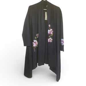 Floral Embroidered Black Kimono Style Coat